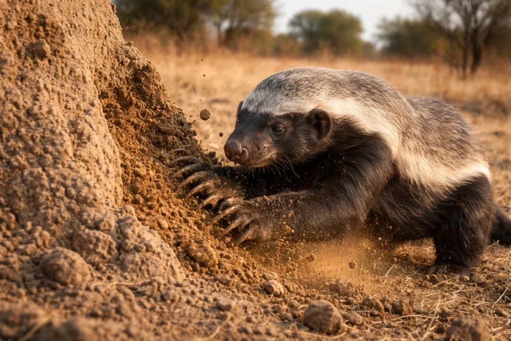 A honey badger digs into a termite mound in a dry savanna clearing, reflecting honey badger symbolism through The Natural Traits of the Honey Badger.