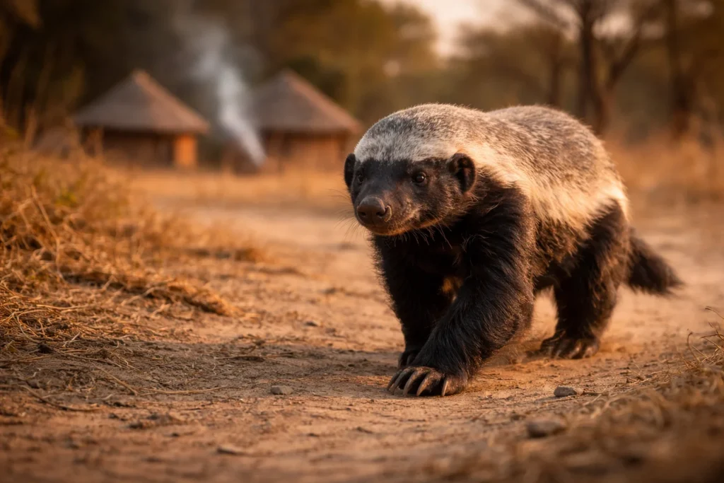 A honey badger strides along a dusty savanna track with blurred thatched huts in the distance, linking honey badger symbolism with Honey Badger Symbolism in Different Cultures.