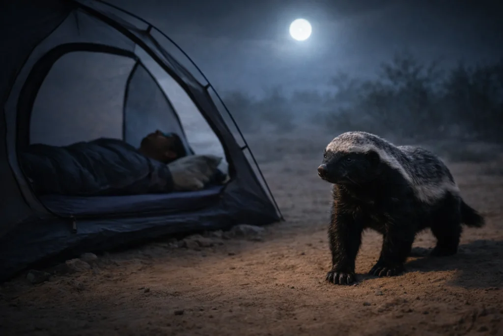 A honey badger stands in moonlight beside an open tent with a sleeping camper inside, tying honey badger symbolism to Symbolism of the Honey Badger in Dreams.