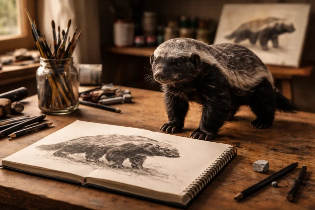 A honey badger stands on a wooden art table next to an open sketchbook with its pencil drawing, connecting honey badger symbolism to Honey Badger in Myth, Literature, and Art.