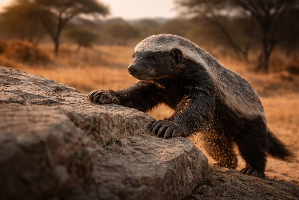 A honey badger climbs a rocky ledge at golden hour above a wide savanna view, reflecting honey badger symbolism through Life Lessons Inspired by the Honey Badger.