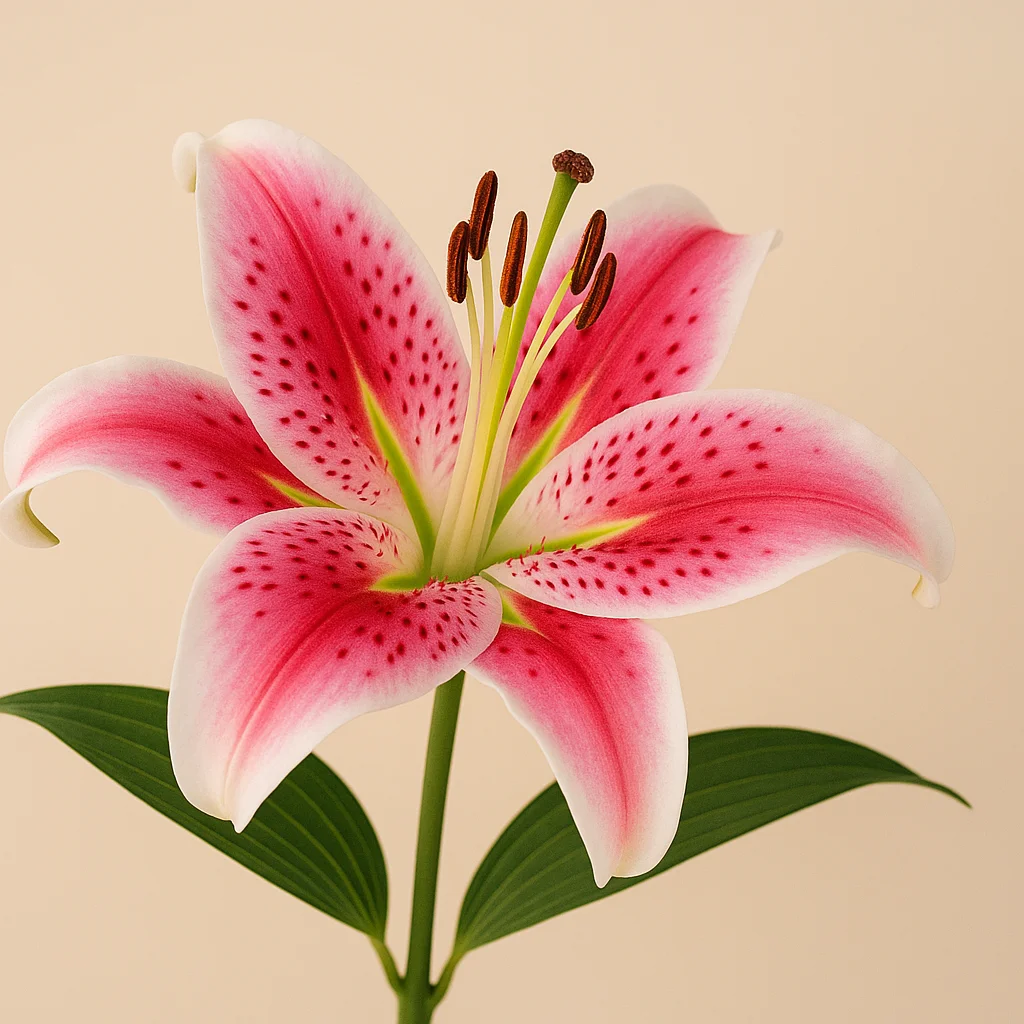 Pink and white stargazer lily facing upward against a soft sky, symbolizing hope and prosperity.