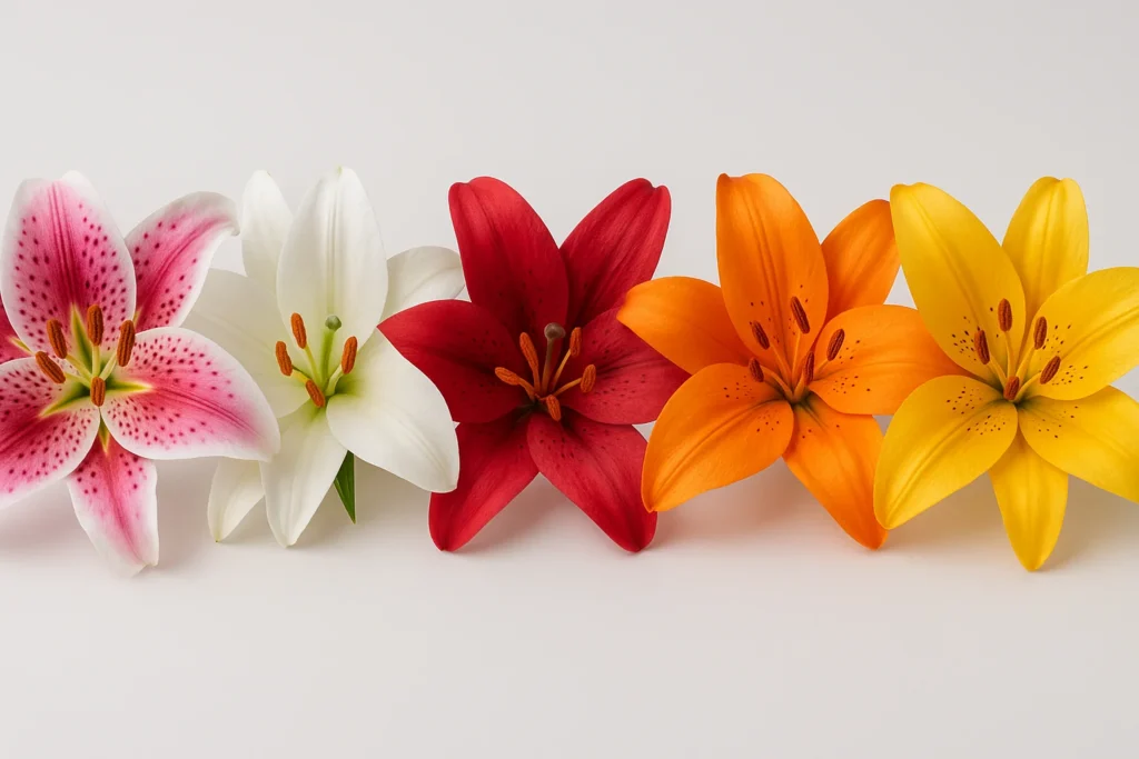 Stargazer lilies in five colors—pink, white, red, orange, and yellow—displayed side by side