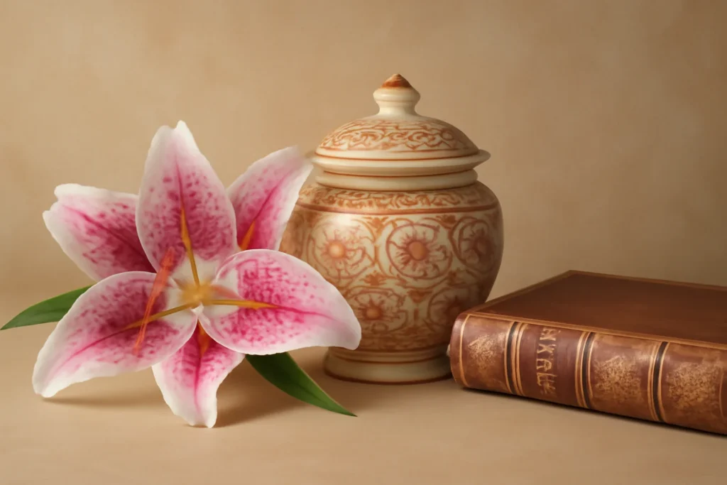 Stargazer lilies arranged with Eastern and Western decorative elements.