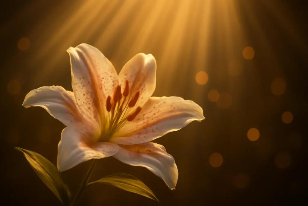 Stargazer lily under gentle light rays symbolizing spiritual awakening.
