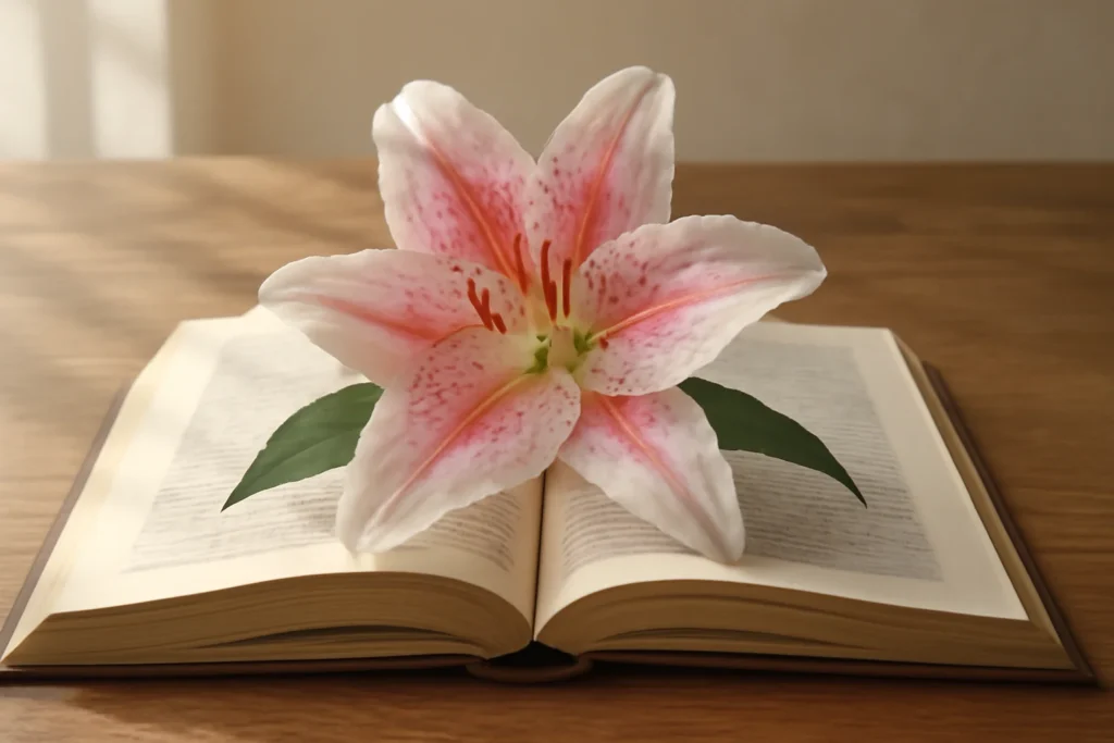 Stargazer lily placed on an open book, representing symbolism in art and literature.