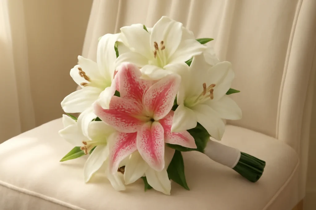 Stargazer lilies in a vase on a modern workspace with laptop, notebook, and soft natural light, minimal aesthetic,