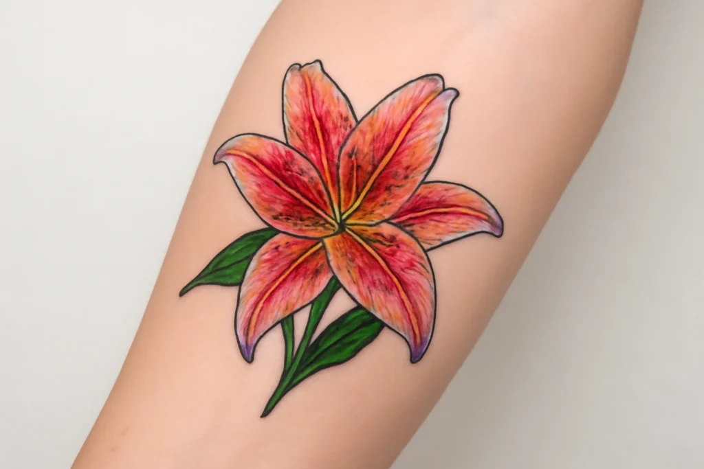 “Stargazer lily tattoo symbolizing growth, courage, and personal transformation.”