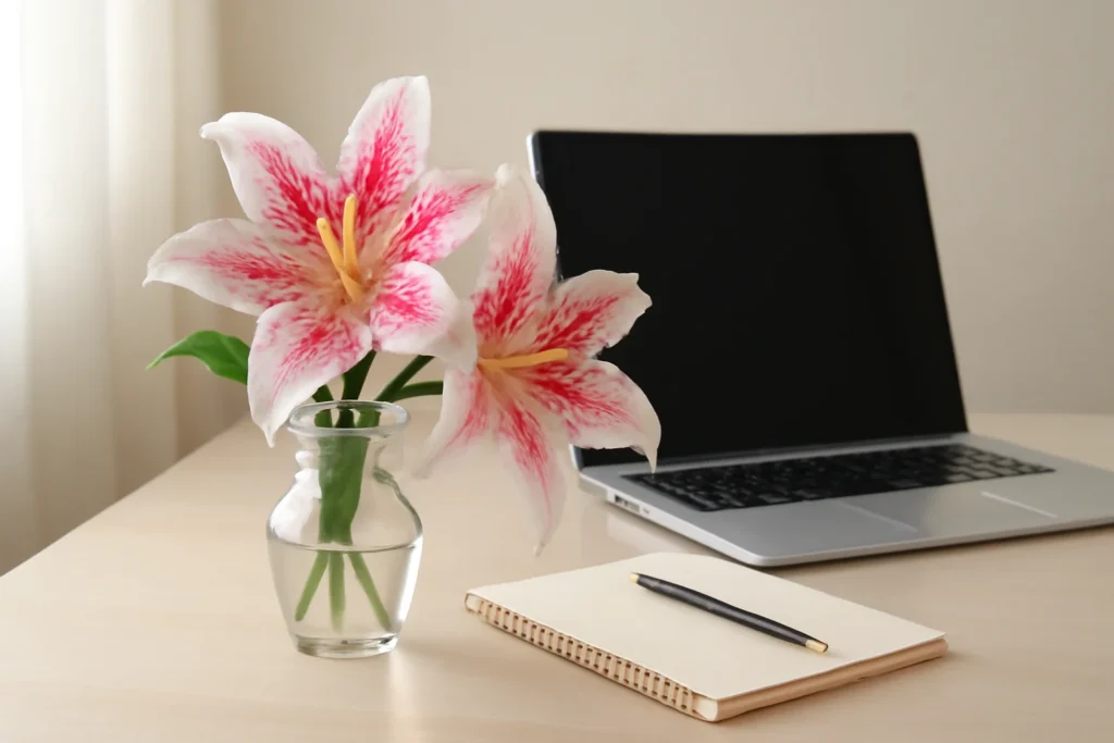 “Stargazer lilies on a modern desk symbolizing elegance and uplifting energy.”