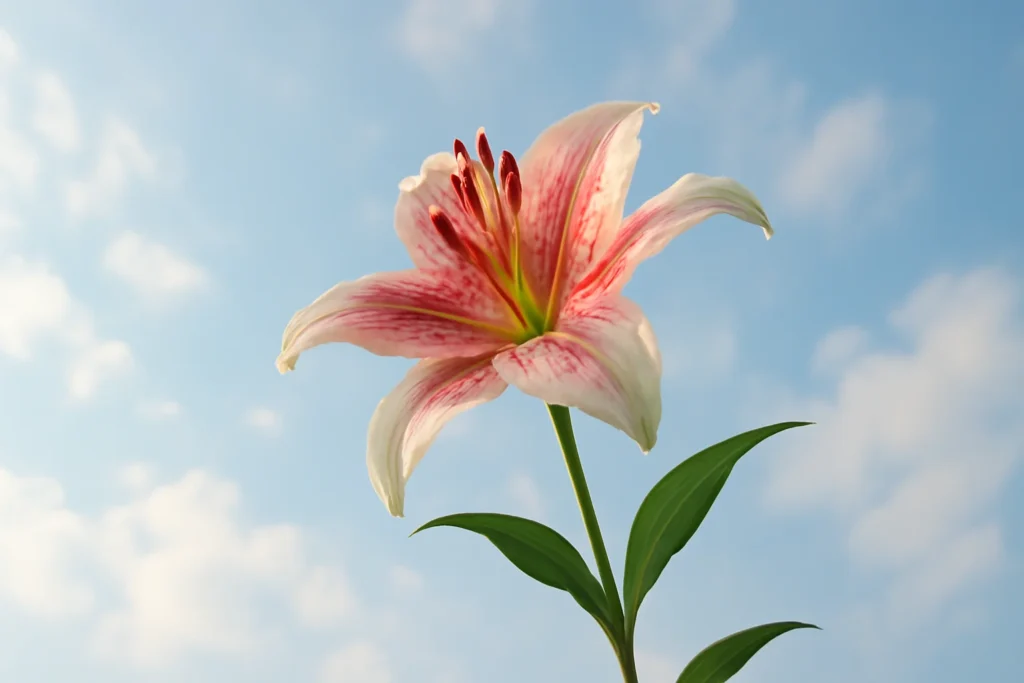 “Low-angle shot of a stargazer lily rising toward the sky, soft bright daylight, inspirational vibe, 1600×900.”