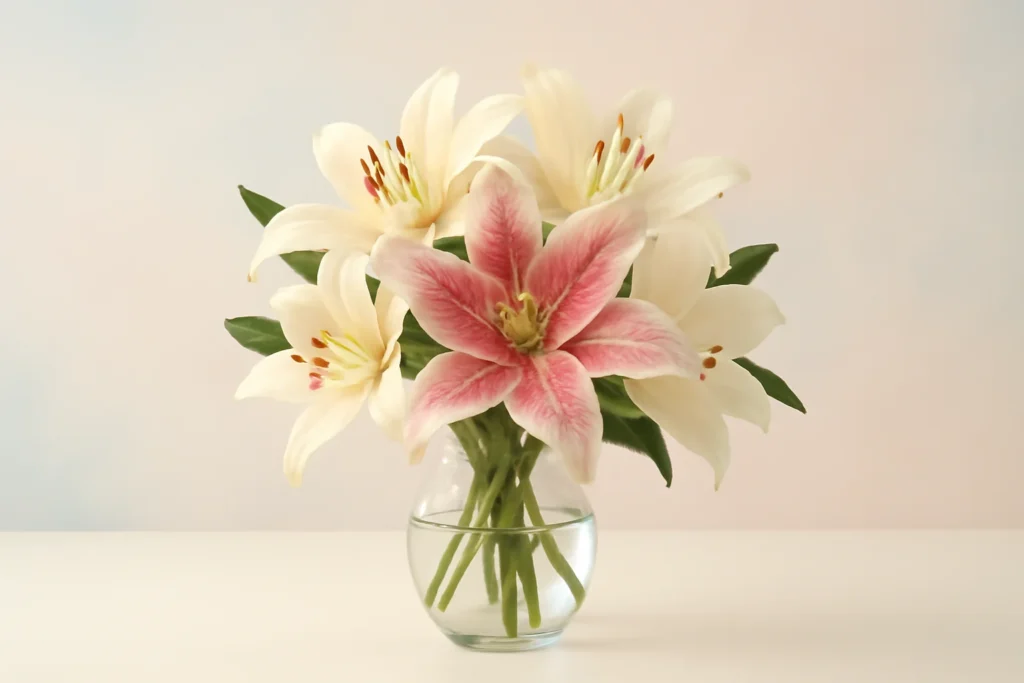 “Bouquet of pink and white stargazer lilies in a clear vase.”