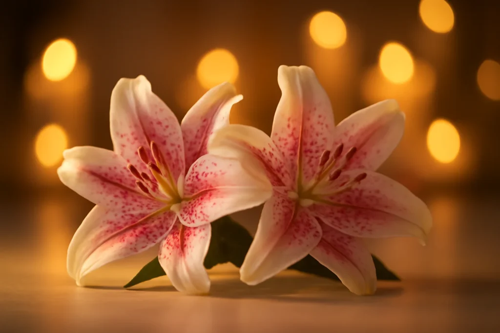 “Two stargazer lilies in warm light symbolizing romantic love.”