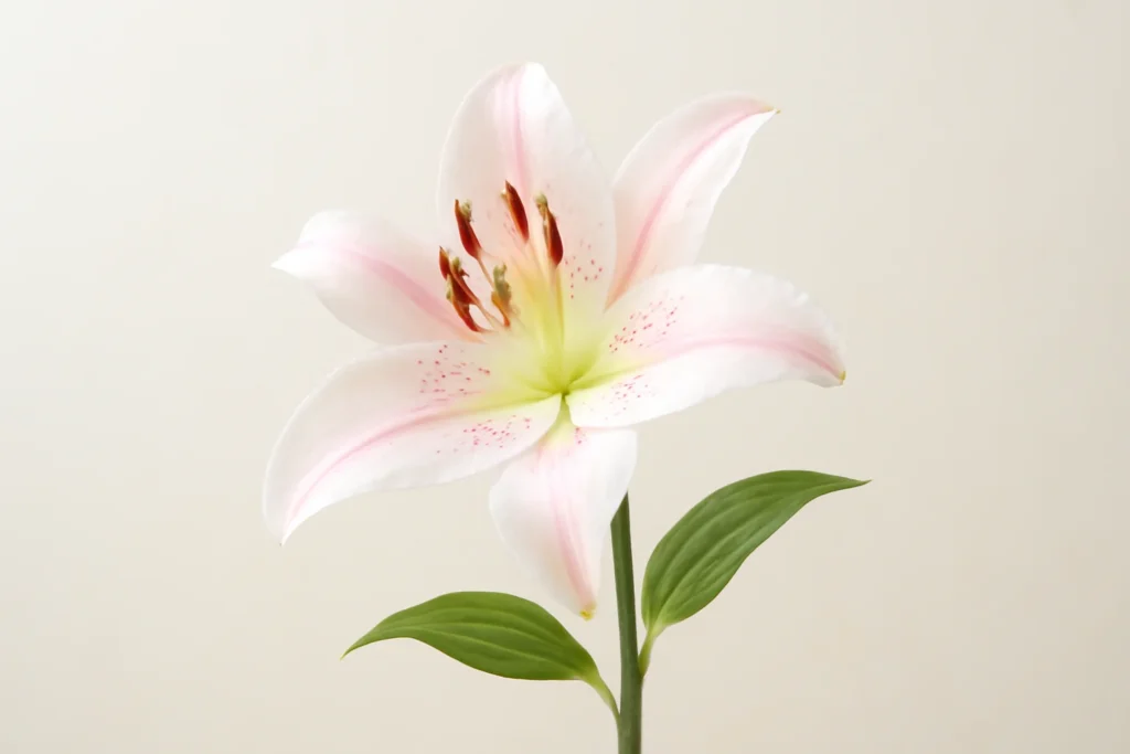 “White stargazer lily symbolizing purity, innocence, and sympathy.”