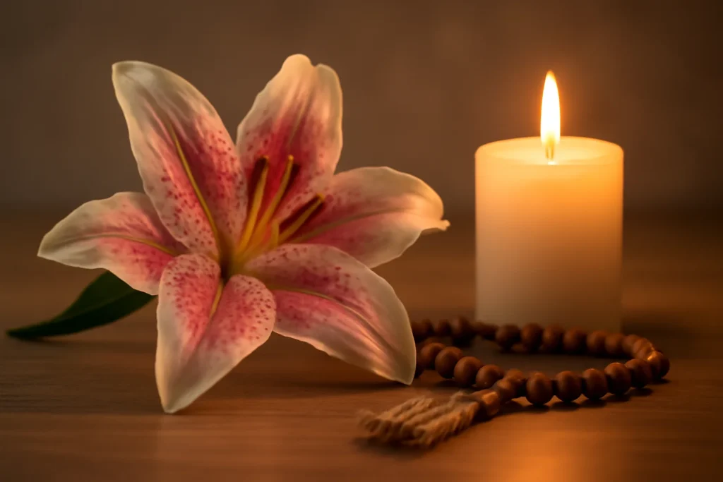 “Stargazer lily in a calm setting symbolizing spiritual clarity and awakening.”