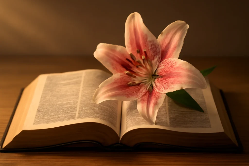 “Stargazer lily resting on an open Bible symbolizing purity and devotion.”