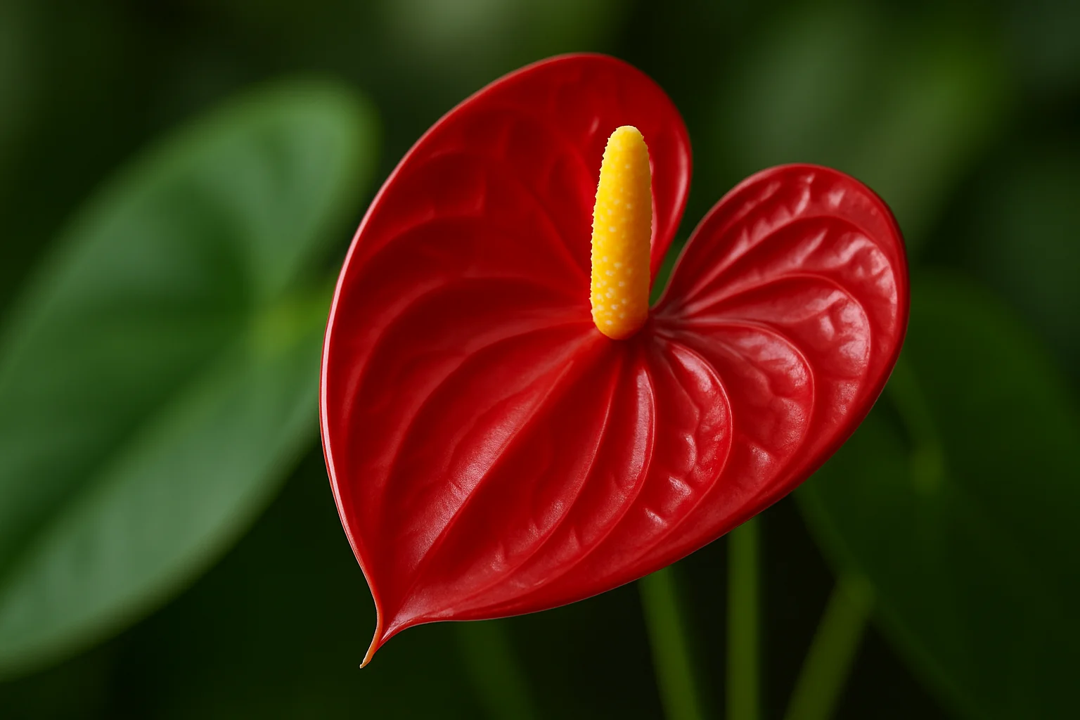 Close-up of a red heart-shaped anthurium flower with a yellow spadix and green leaves.
