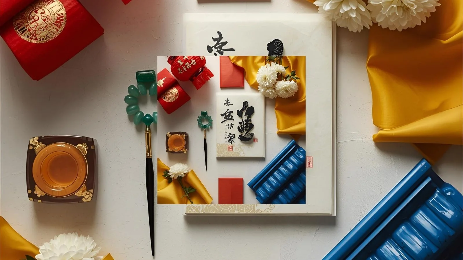 Traditional Chinese objects in red, yellow, white, black, green, and blue arranged in a circle.