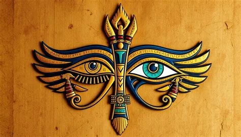 Illustrated human eye surrounded by ancient and modern eye symbols representing different meanings.