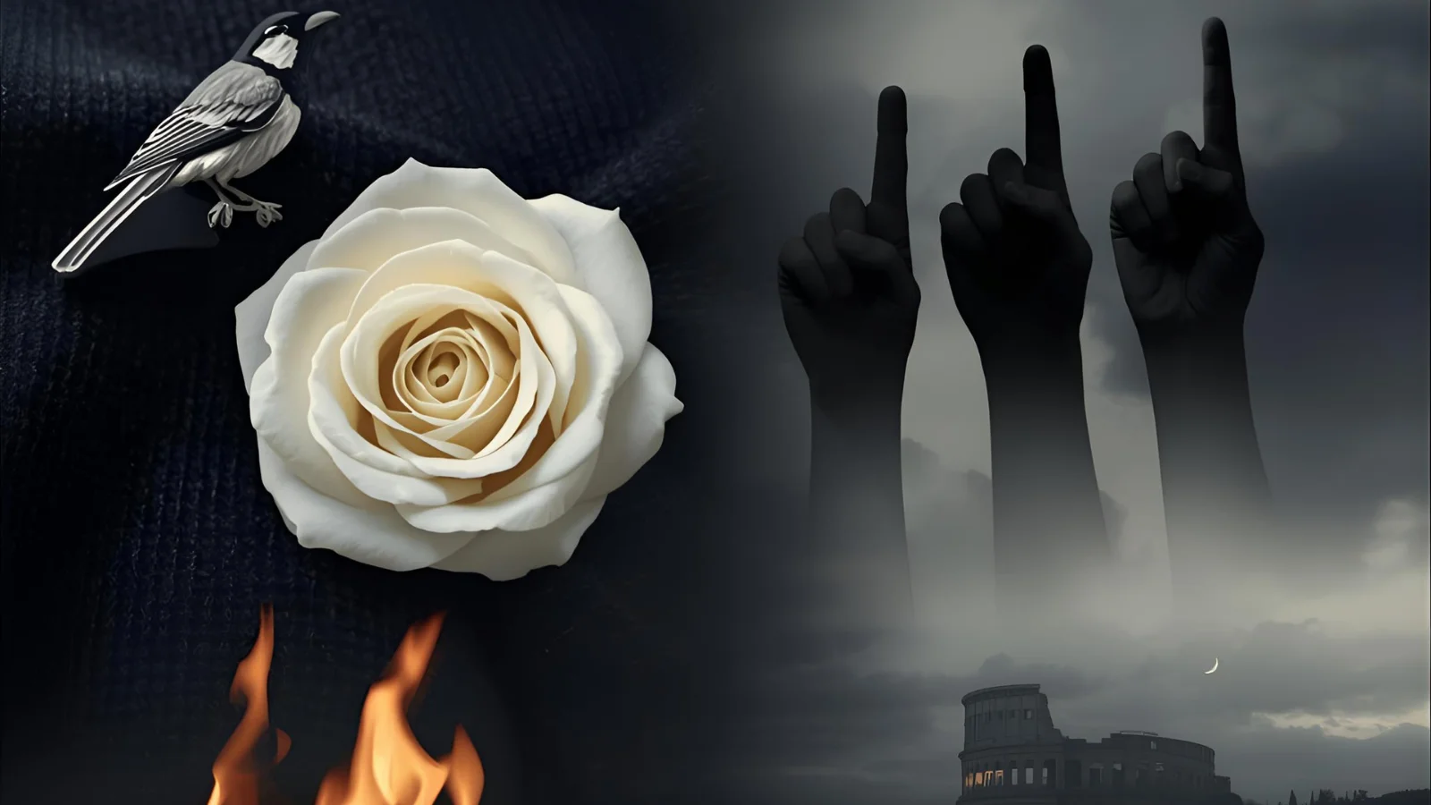 Mockingjay pin, white rose, three-finger salute, fire dress, nightlock berries, and Roman arena over a coal town.
