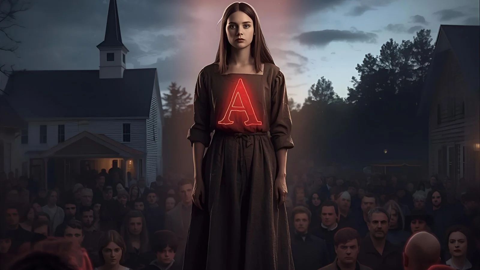 Hester Prynne on a scaffold wearing a red A, near a prison door and rosebush.