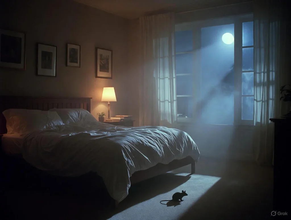 A moonlit bedroom with a faint mouse silhouette near the bed, illustrating mice symbolism in dreams.