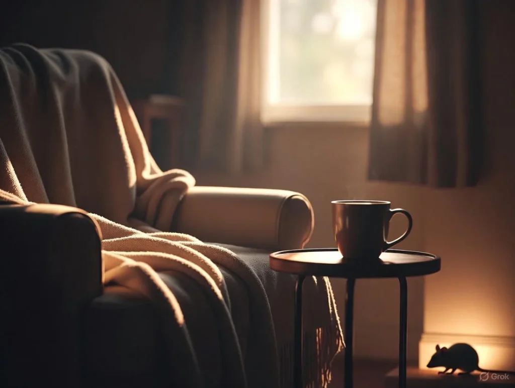 A cozy reading nook with warm morning light and a tiny mouse silhouette near the baseboard, reflecting mice symbolism and mouse spiritual meaning.