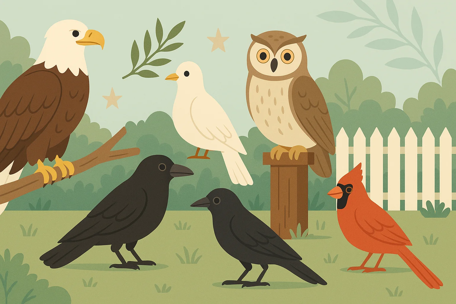 Illustration showing an eagle, dove, owl, raven, and cardinal with subtle symbolic elements.