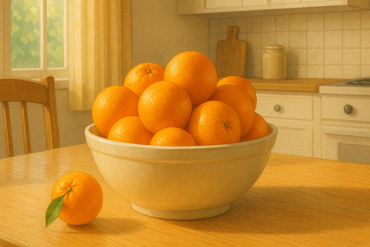 A bowl of oranges on a sunlit kitchen table.