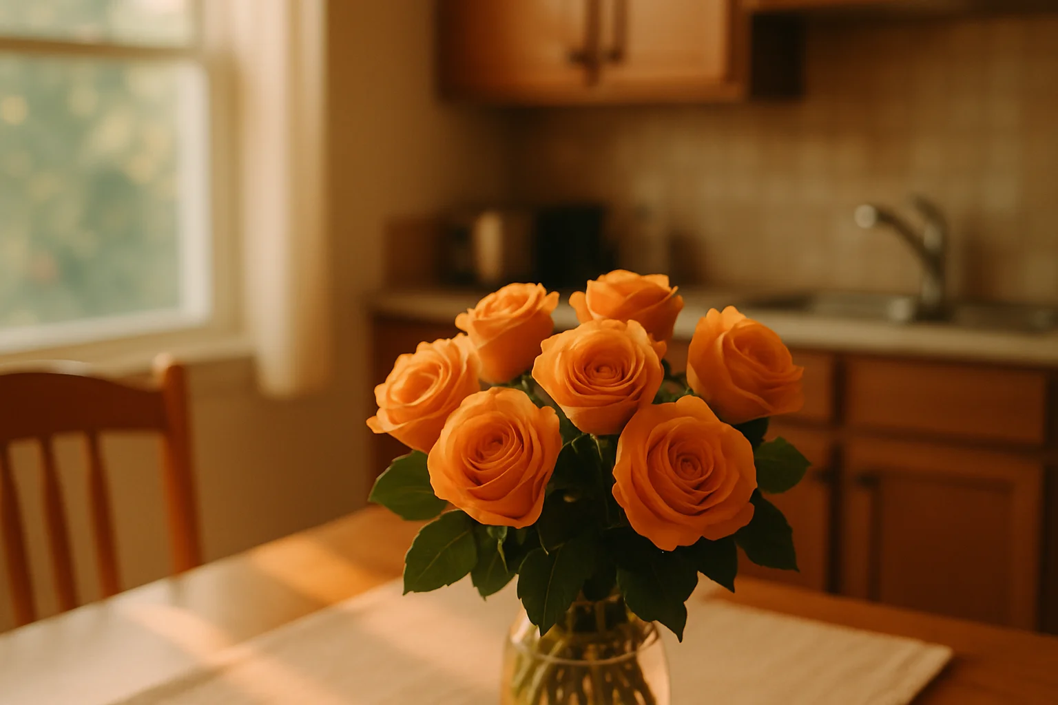 A bouquet of orange roses on a sunlit table