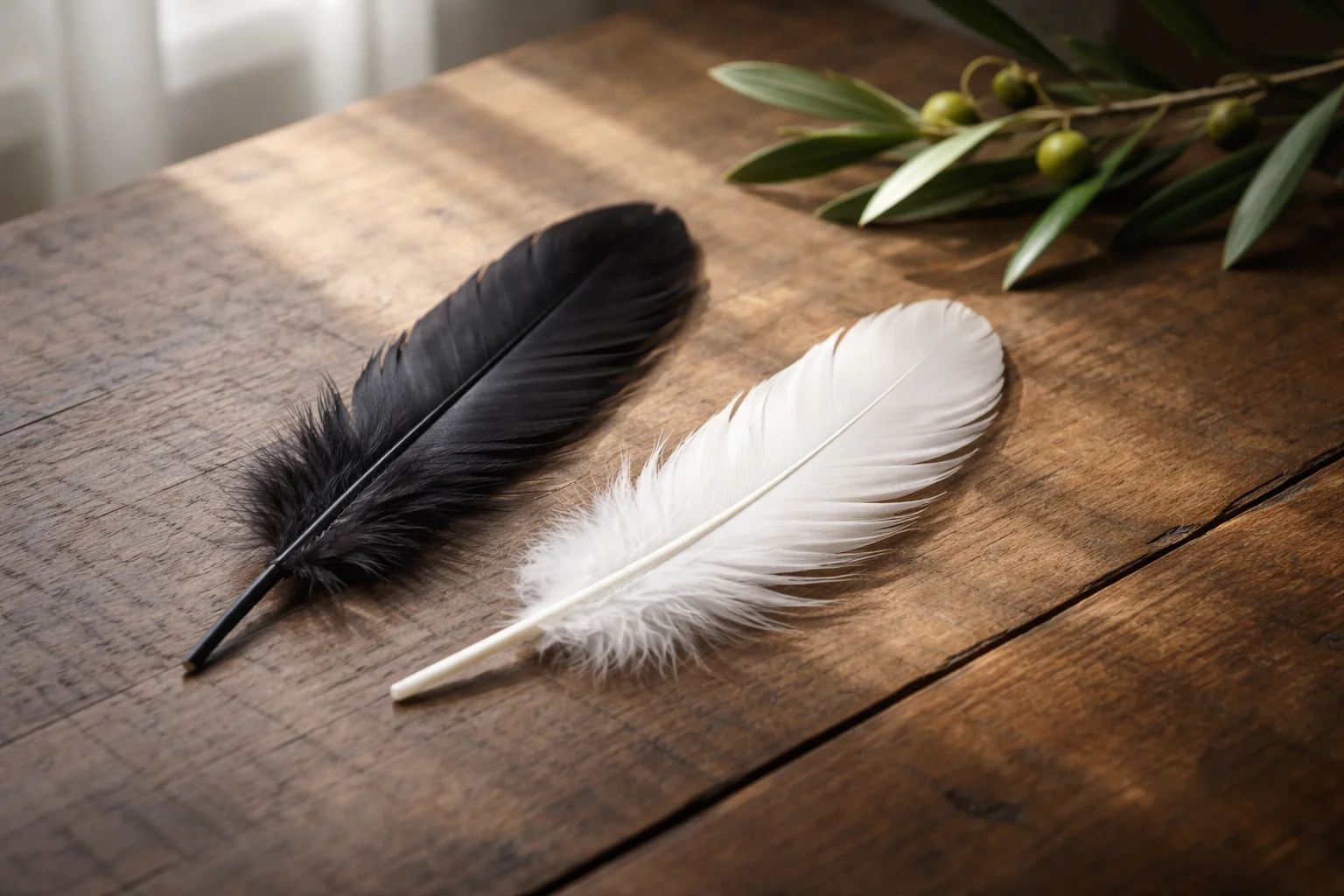 Raven and dove feathers beside an olive sprig on a table.