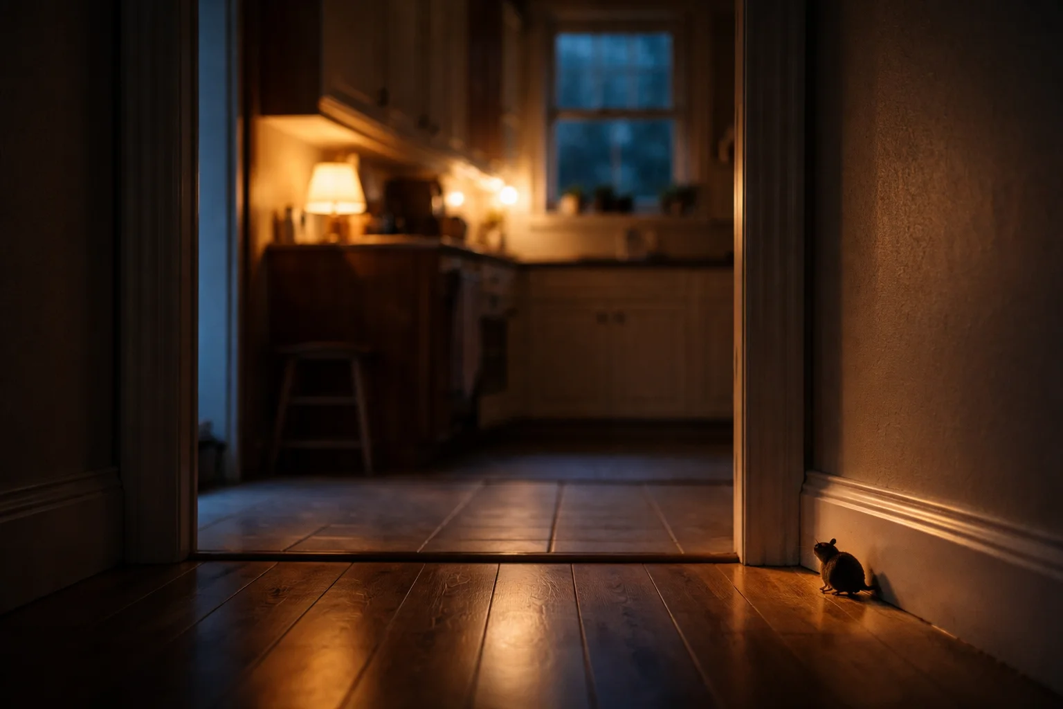 Small mouse silhouette near a kitchen baseboard in soft light.