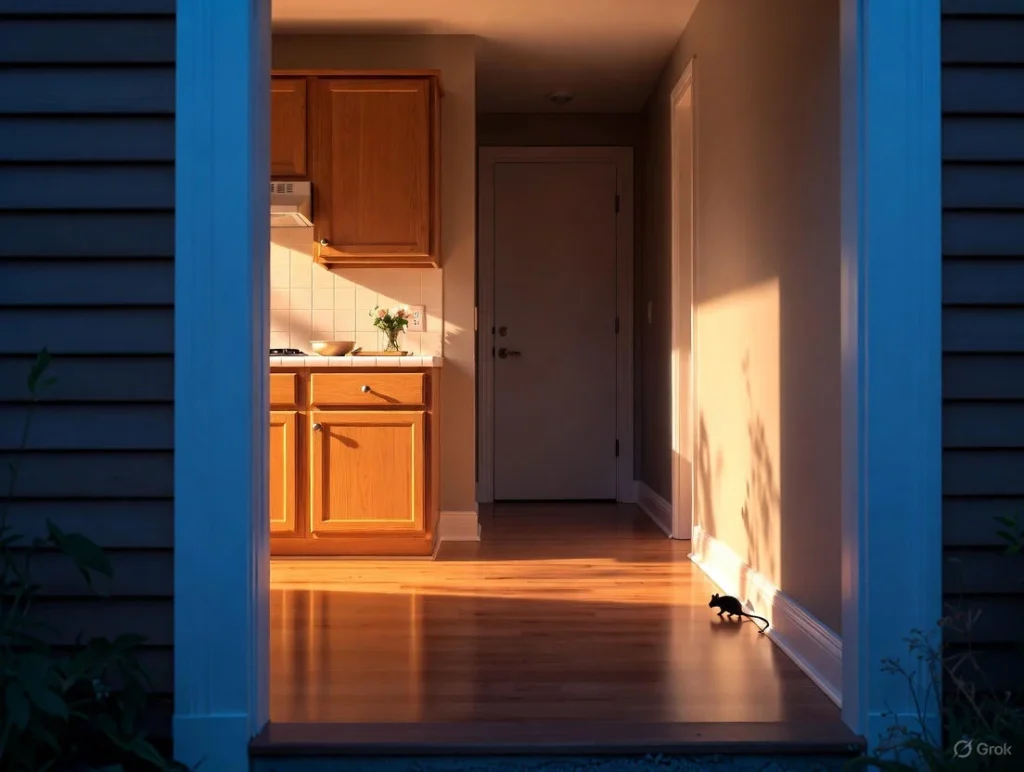 A cozy kitchen doorway at dusk with a small mouse silhouette near the baseboard, representing seeing a mouse in your house meaning.